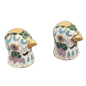 Vintage Cloisonne Enamel Bird Head Thimbles Set of 2 White Gold Green Blue